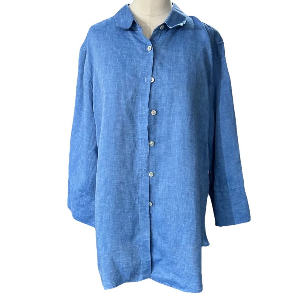 Chico's Women's Button Up 3/4 Sleeve Shirt No-Iron Size 3/ 16 /XL Blue LINEN